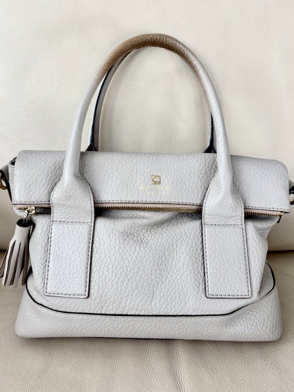 Kate Spade Pebbled Leather Satchel in Light Gray with Tassel